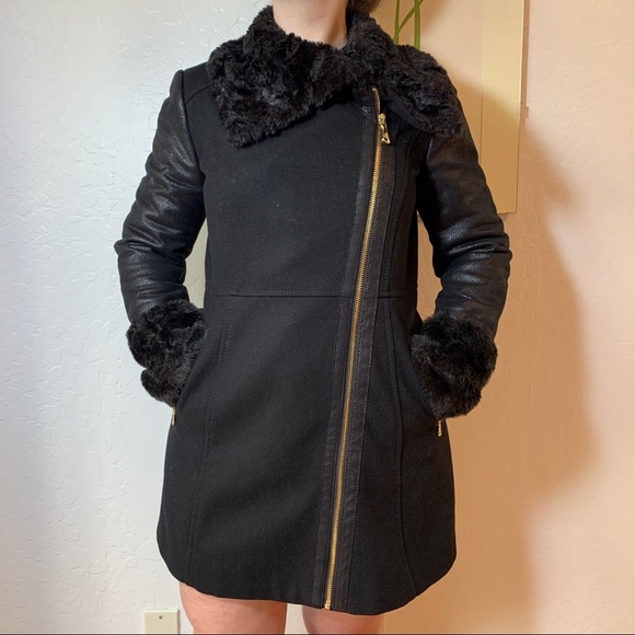 Guess Jackets & Blazers - Black faux fur asymmetric moto jacket style wool winter coat overcoat